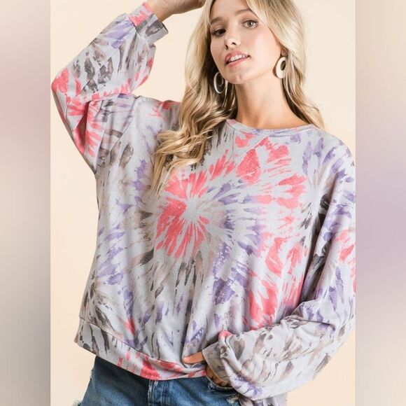 BiBi Tie Dye Print Terry Pull Over Women's Tie-Dye Long Sleeve Top sz Large - Picture 4 of 7
